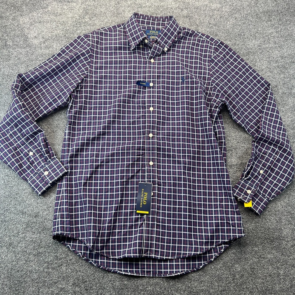 Polo Ralph Lauren Shirt Mens Medium Navy Plaid Classic Fit Performance Collared